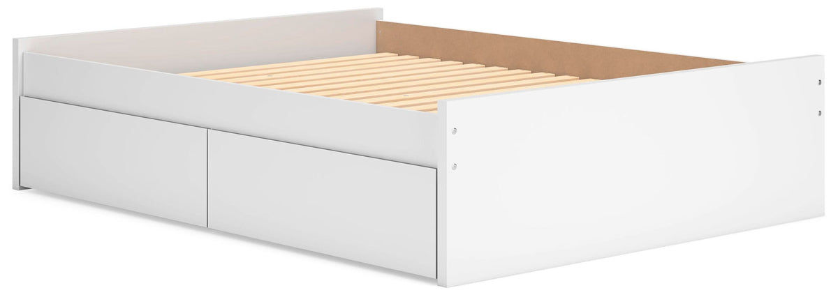 White platform bed frame with two front storage drawers