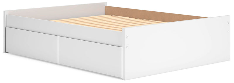 White platform bed frame with two front storage drawers