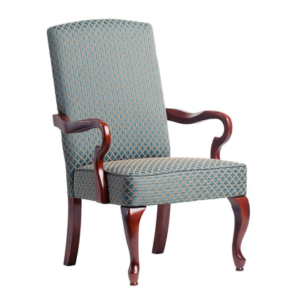 Blue high-back armchair with diamond pattern upholstery and dark wood curved arms