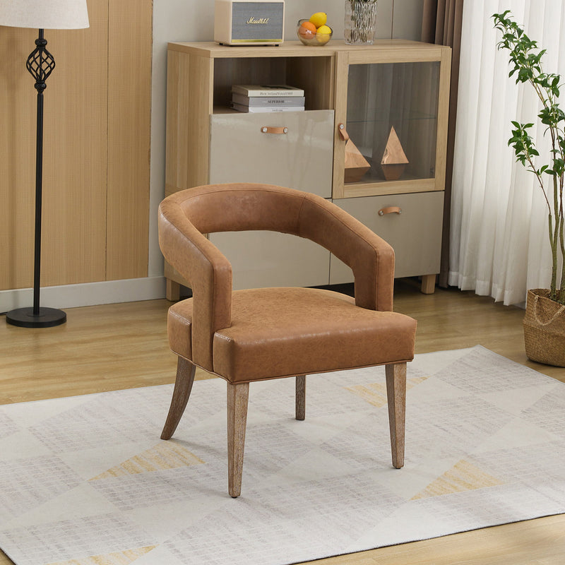 Wide Modern Barrel Open Back Upholstered Accent Chair With Weathered Solid Wood Legs