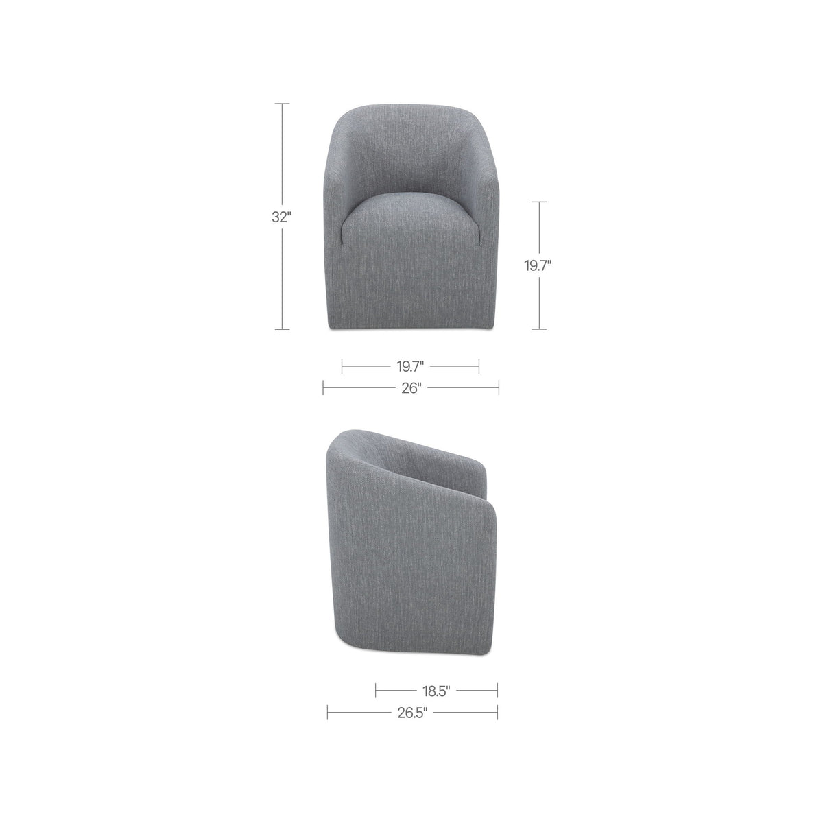 Gray fabric dining chair with measurements shown for height and width