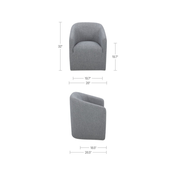 Gray fabric dining chair with measurements shown for height and width