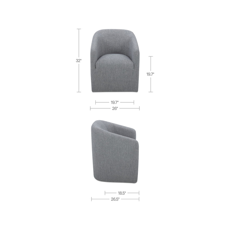 Gray fabric dining chair with measurements shown for height and width