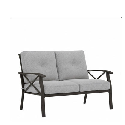 Gray 2-seat outdoor loveseat sofa with two back cushions, seat cushions, and armrests