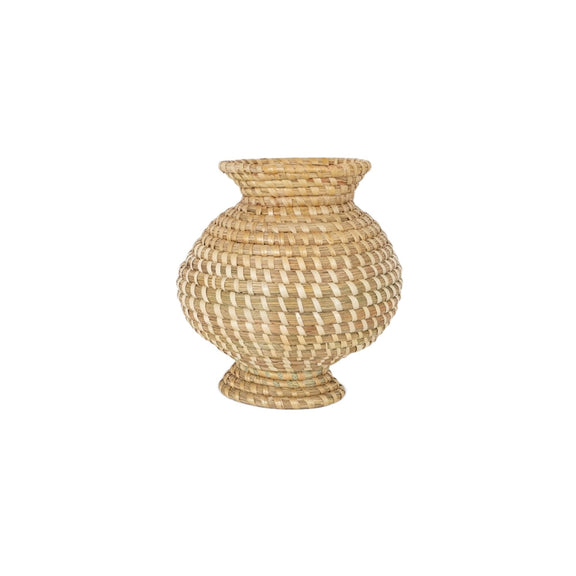 Woven natural fiber vase with ribbed weave, short flared neck, pedestal base