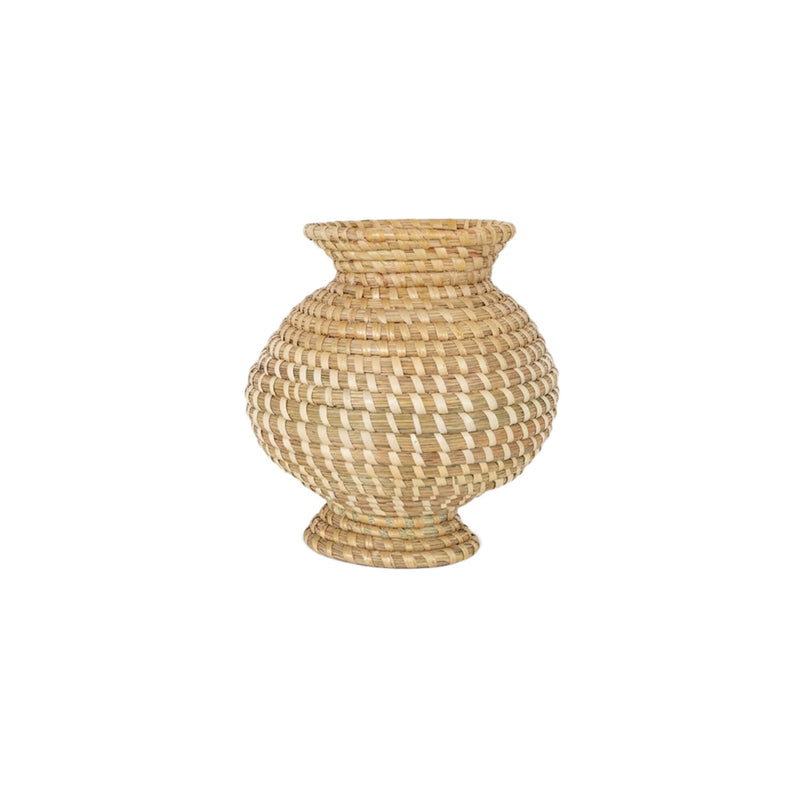 Woven natural fiber vase with ribbed weave, short flared neck, pedestal base