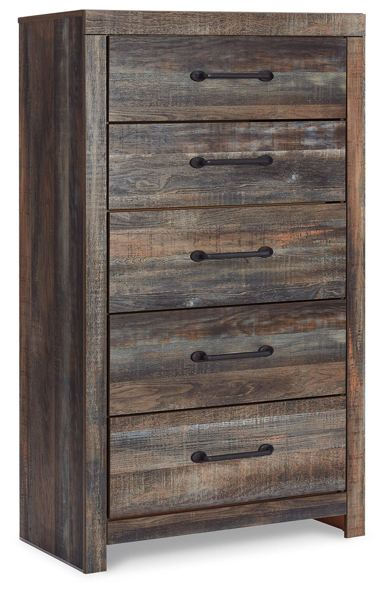 Five-drawer chest with black bar handles, distressed brown and beige wood finish