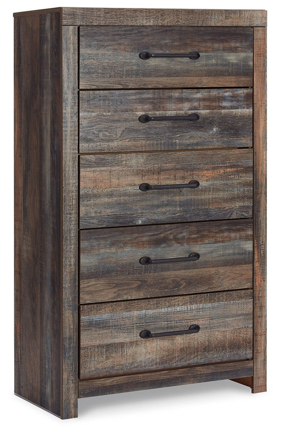 Five-drawer chest with black bar handles, distressed brown and beige wood finish
