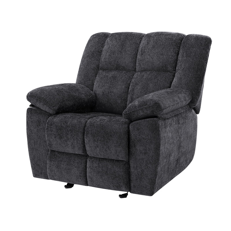 Dark gray fabric glider recliner with cushioned arms and tufted back panels