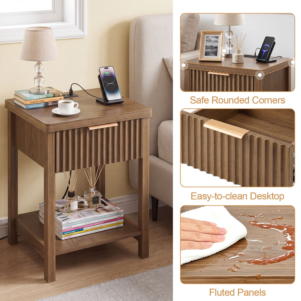 Walnut nightstand with rounded corners, easy-clean top, and fluted side panels