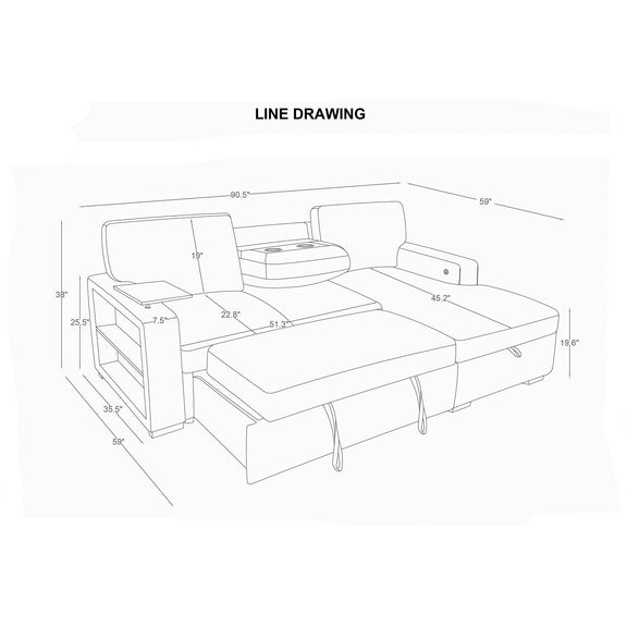 Line drawing of silver sofabed with pullout chaise and sectional base