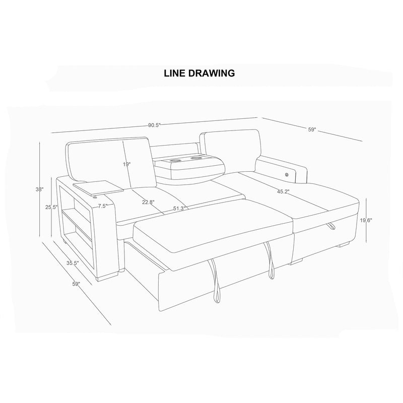 Line drawing of silver sofabed with pullout chaise and sectional base