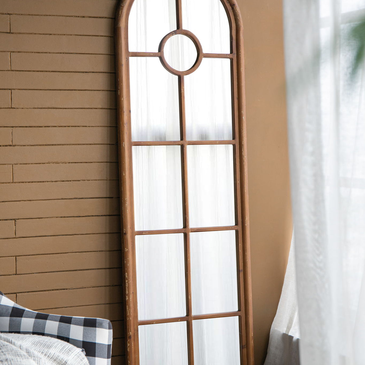 Half Round Elongated Mirror With Decorative Window Look Classic Architecture Style Solid Fir Wood Interior Decor - Brown