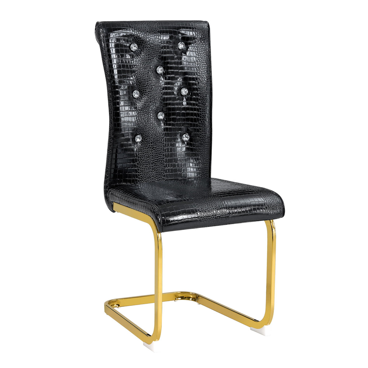Black alligator-texture dining chair, crystal-button back, gold metal sled legs