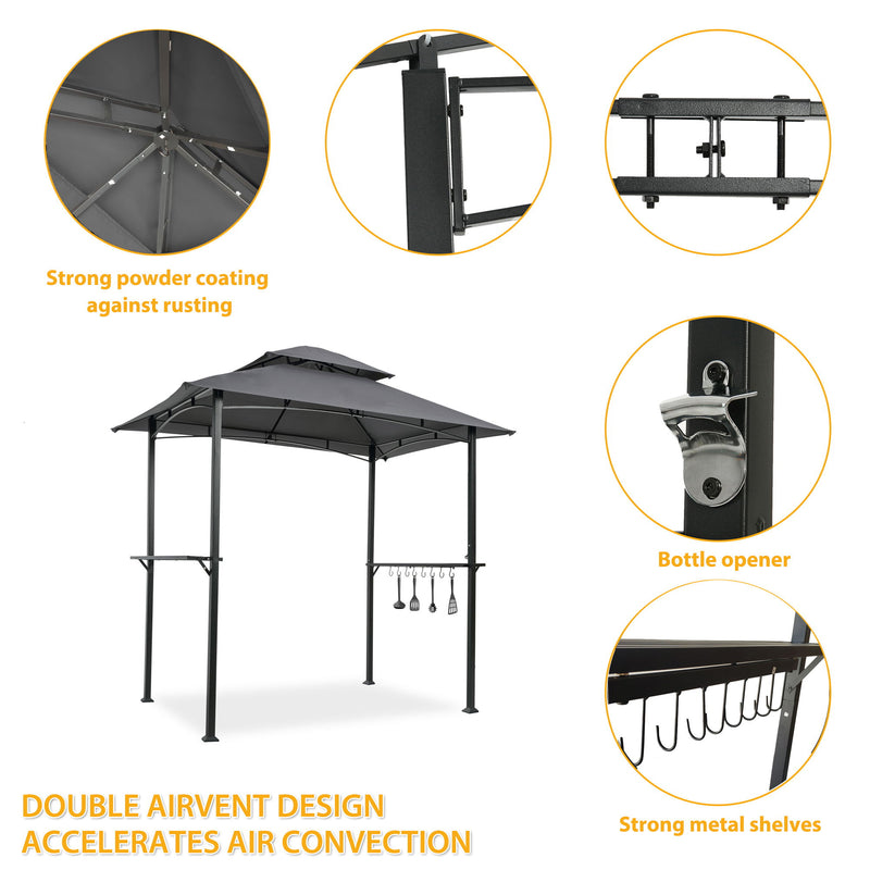 Outdoor Grill Gazebo With Double Tier Soft Top Canopy, Steel Frame, Bar Counters & Hook