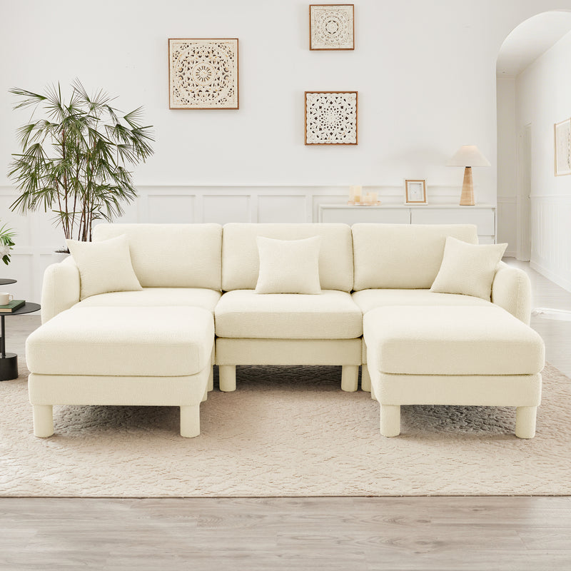 3-Seater U-Shaped Boucle Sectional Sofa - Beige Boucle