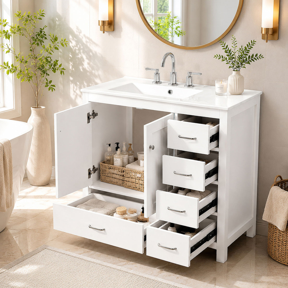 Bathroom Vanity With Sink Combo, 2 Soft Close Doors And 5 Drawers