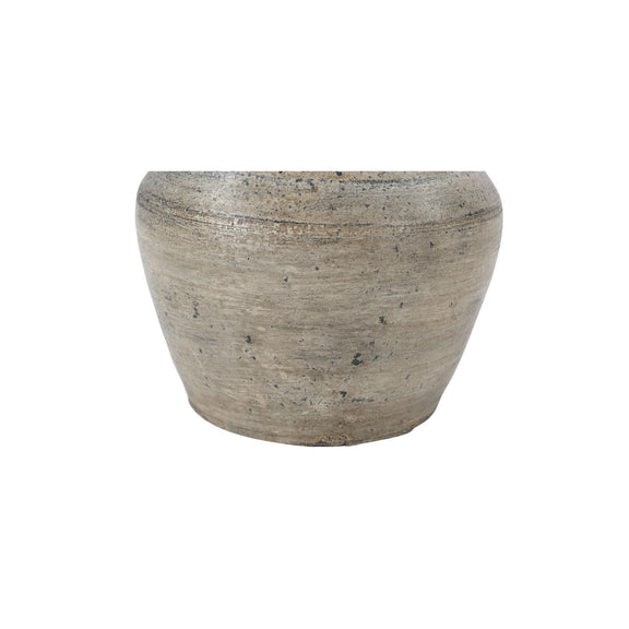 Earthenware clay pot with wide mouth and speckled exterior, rounded shape