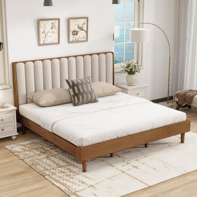 King Size Wood Bed with Piano Key Style Upholstered Headboard, Wood Bed with Strengthened Bed Frame, Wheat