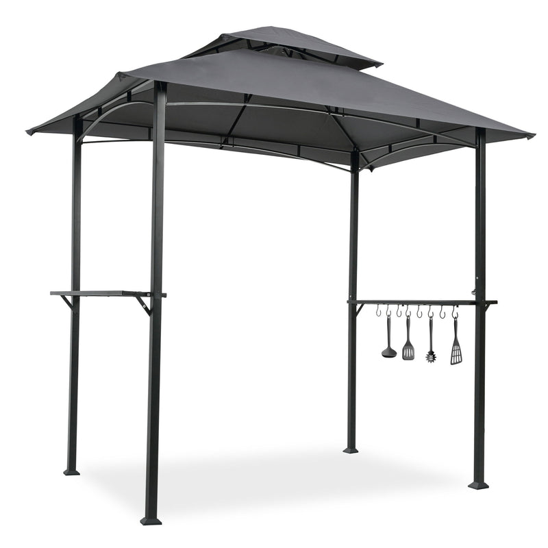 Outdoor Grill Gazebo With Double Tier Soft Top Canopy, Steel Frame, Bar Counters & Hook