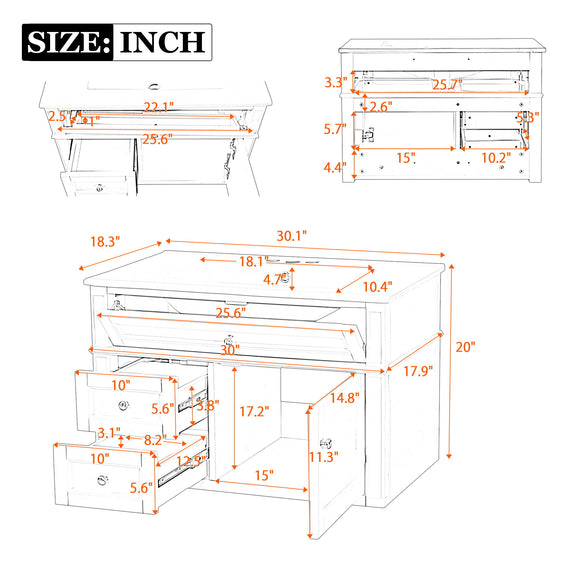 Wall-mounted bathroom vanity with sink, two drawers, tip-out drawer, and dimension diagram
