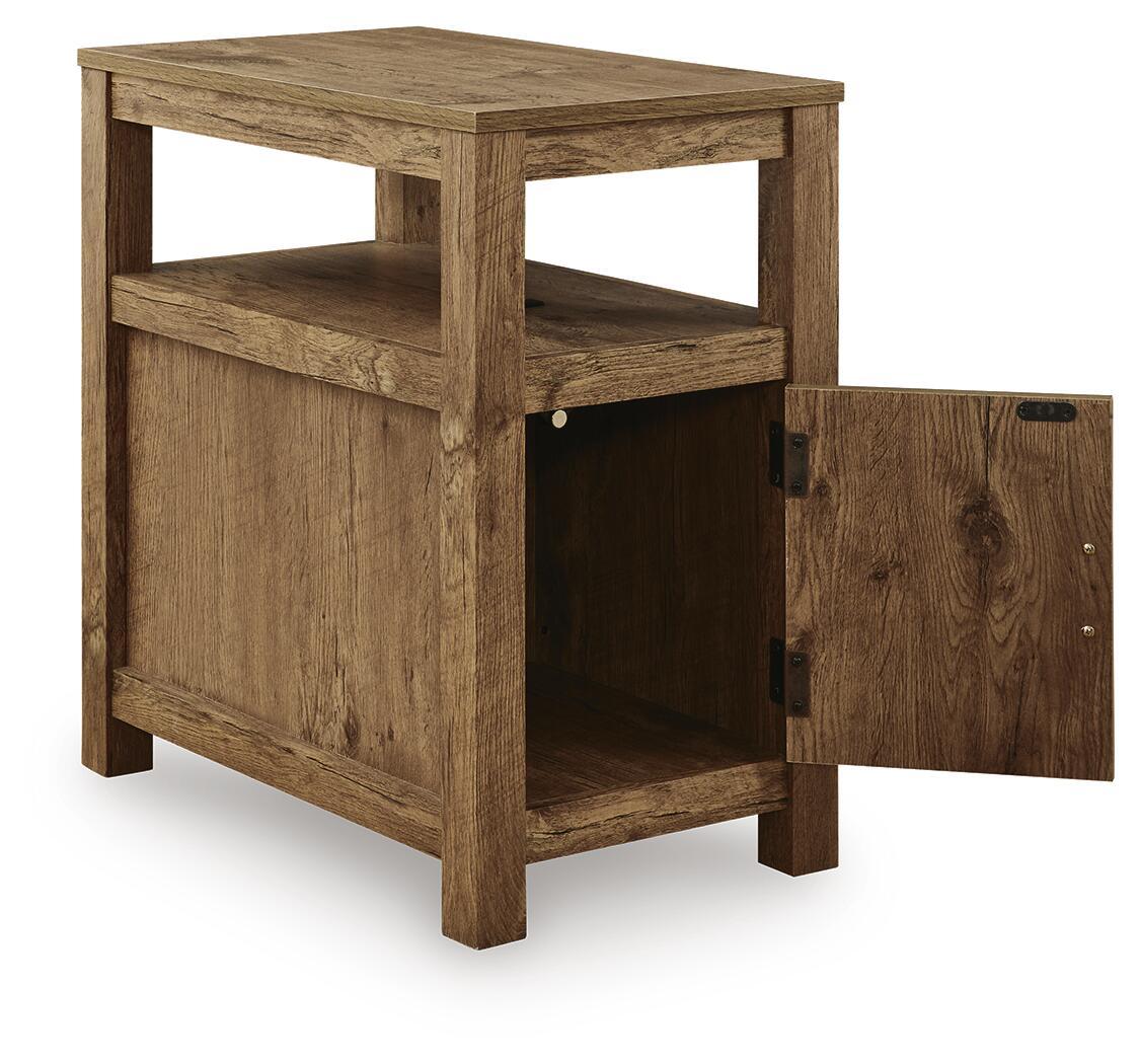 Light brown wooden chair side end table with open cabinet door and inner shelf