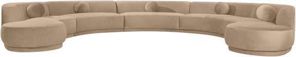 Beige performance velvet sectional sofa with rounded arms and tufted bolster pillows