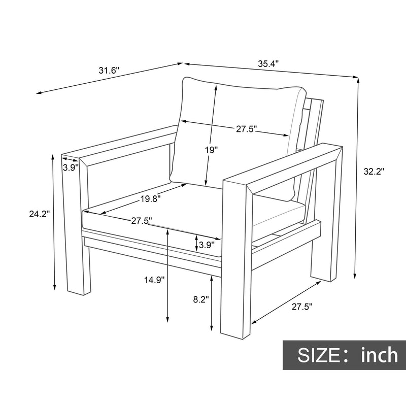 Patio sofa dimensions diagram with armrests, seat cushion, and base height/width measurements