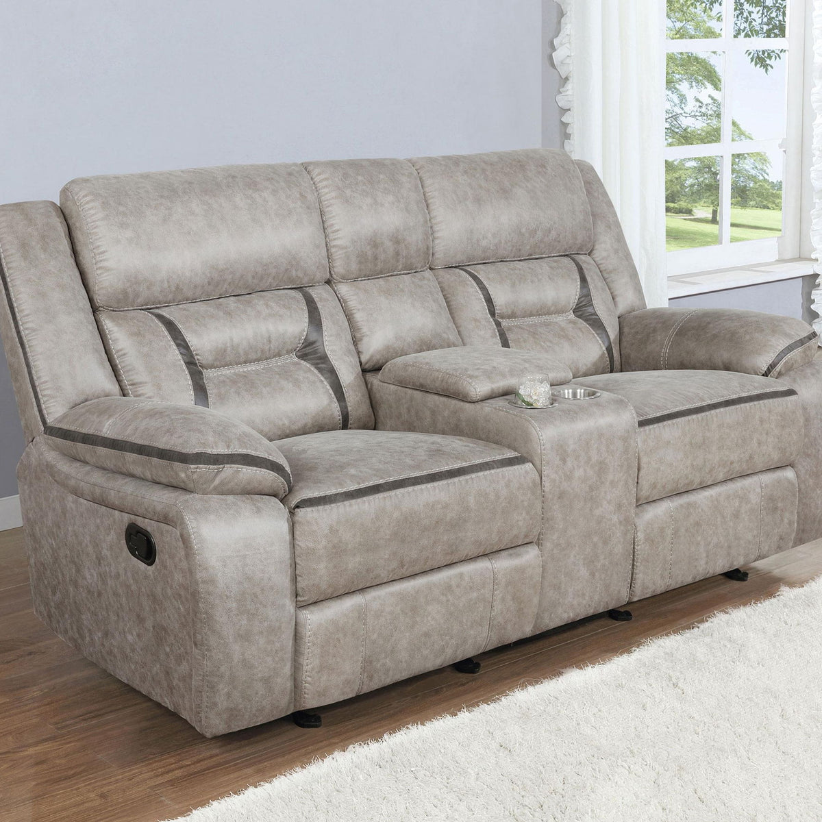 Greer Upholstered Motion Reclining Loveseat Taupe