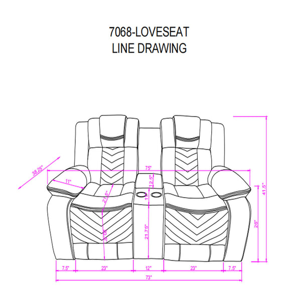 Dark gray loveseat line drawing with chevron quilting and padded armrests