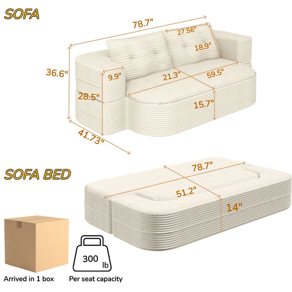 Beige ribbed convertible floor sofa bed with folding armrests and mattress pad