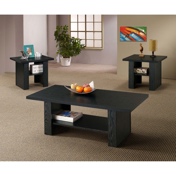 Black coffee table set: central table with open lower shelf and two matching end tables