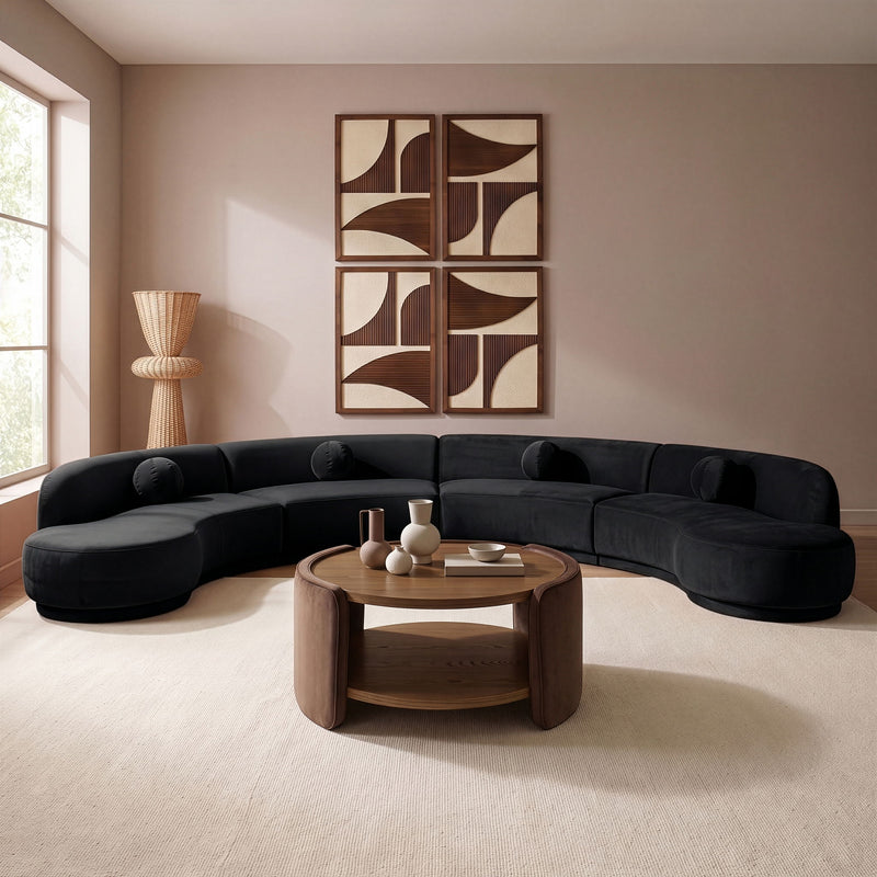 Charcoal black velvet performance sectional sofa with chaise and rounded bolster pillows