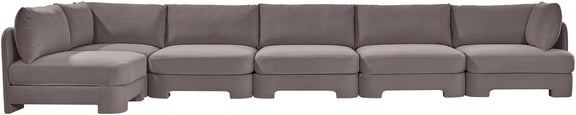 Gray velvet L-shaped armless sectional sofa with 6 modular pieces