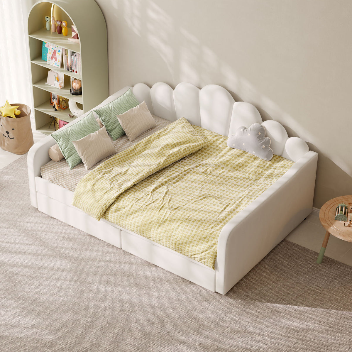 Pink upholstered daybed frame with arched shell back and padded sides