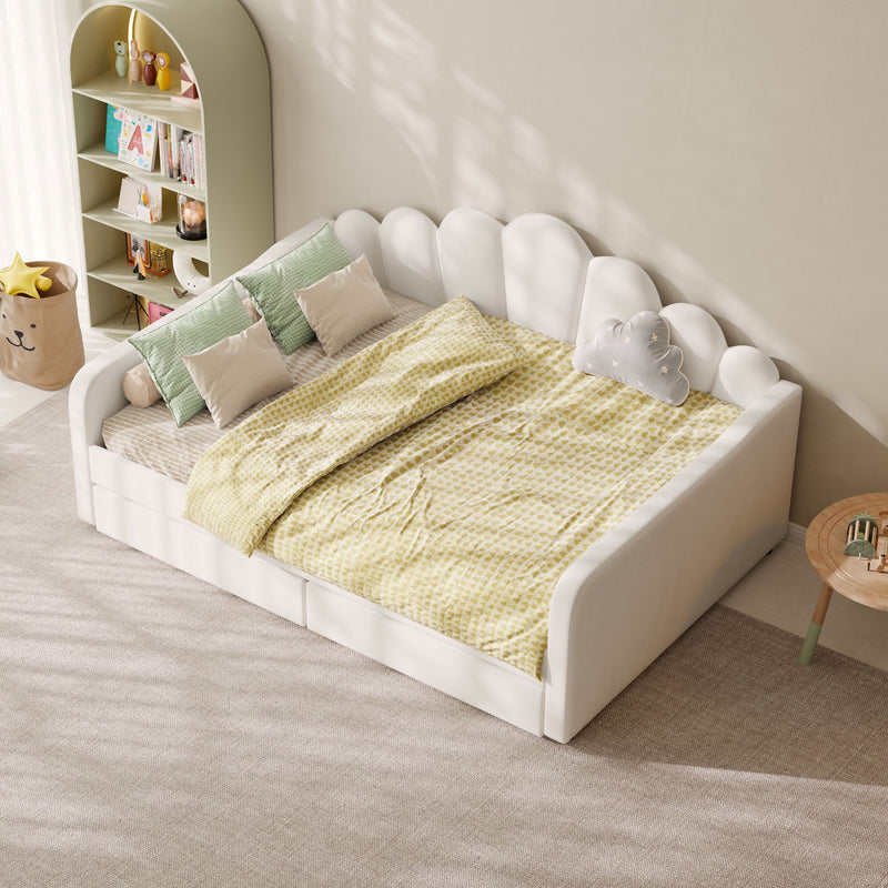 Pink upholstered daybed frame with arched shell back and padded sides
