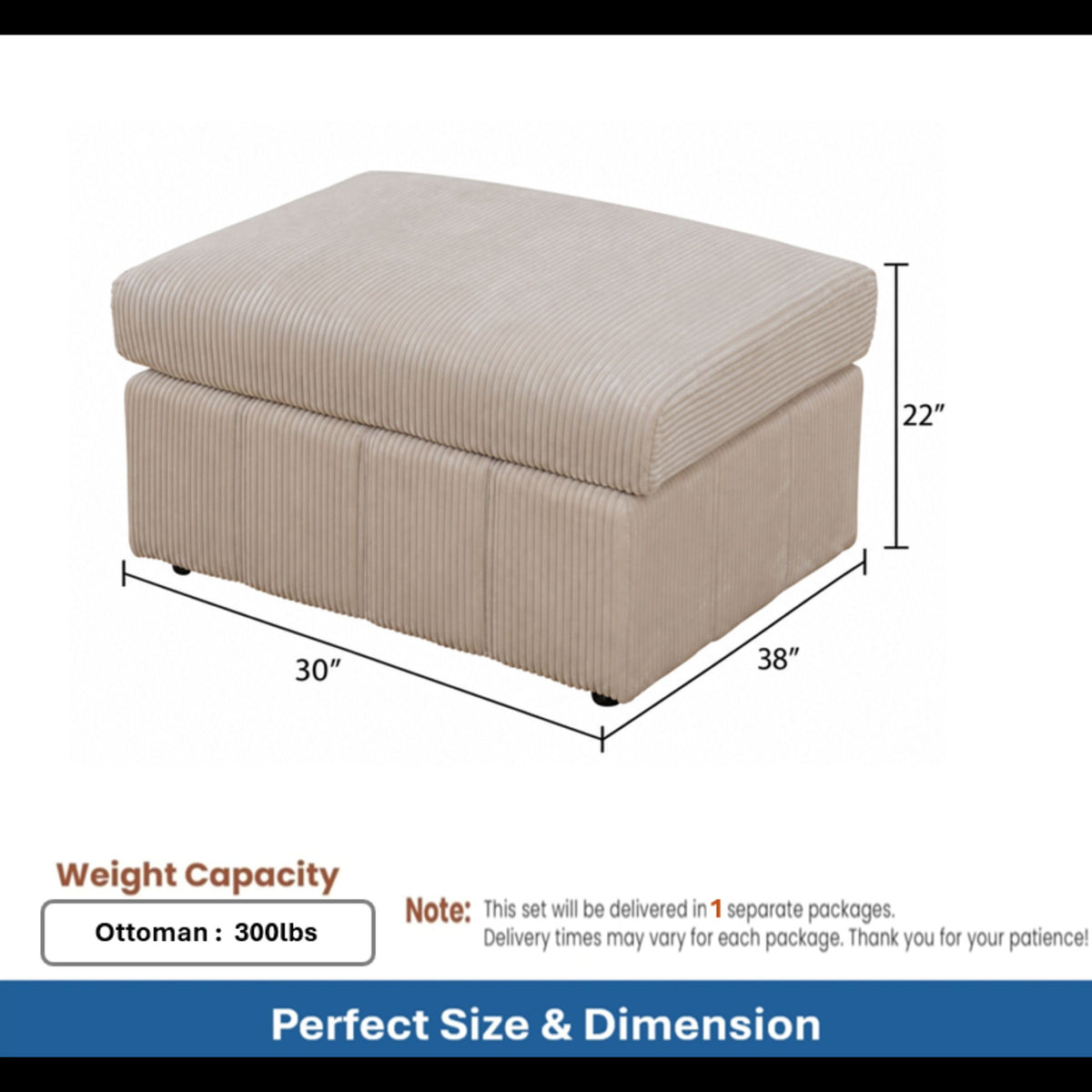 Beige ottoman with dimensions of 38 by 30 by 22 inches