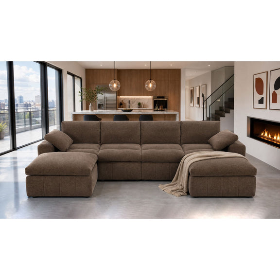 Dark brown L-shaped sectional sofa with wide arms and toss pillows