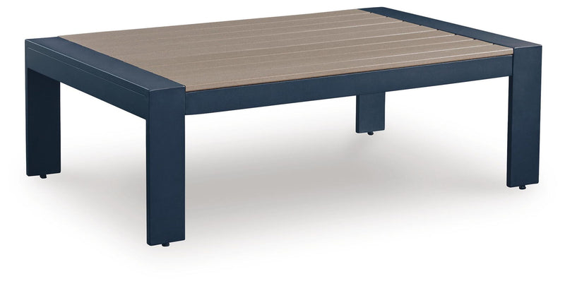 Rectangular blue cocktail table with slatted beige tabletop and corner seat support