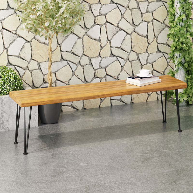 Zion - Industrial Wood And Metal Rectangular Bench With Faux Live Edge Design - Teak