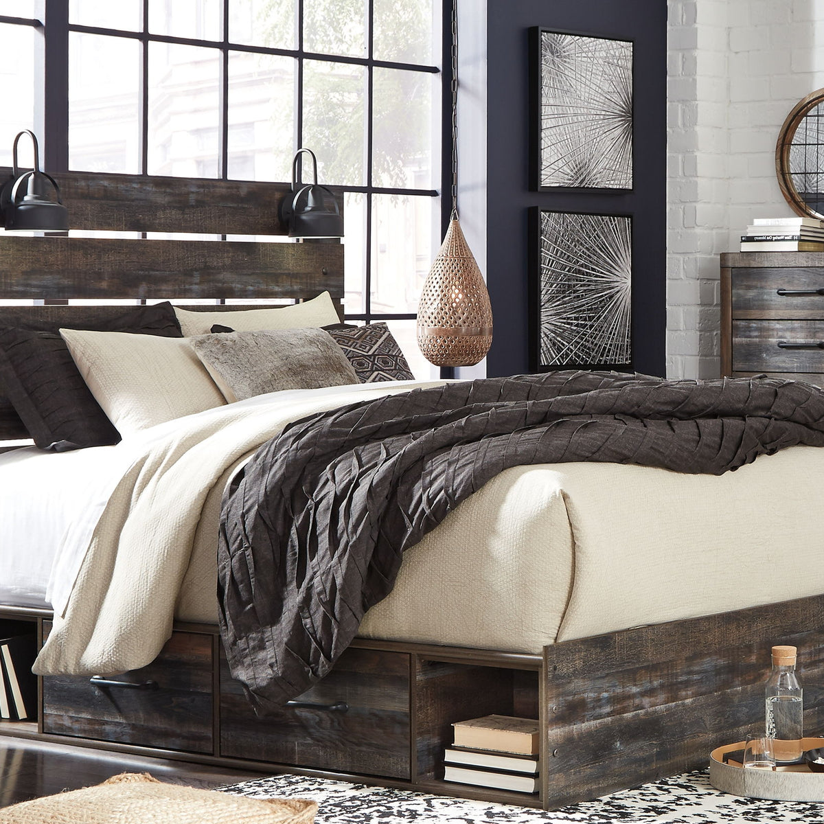 Panel bed with panel headboard, dark wood frame, and beige bedding with pillows