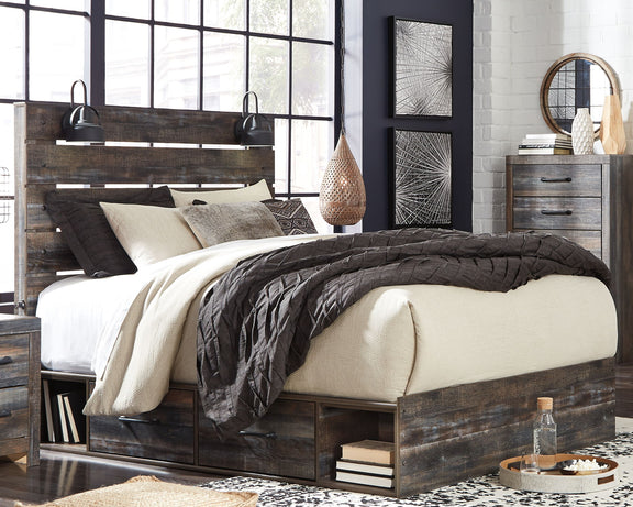Panel bed with panel headboard, dark wood frame, and beige bedding with pillows