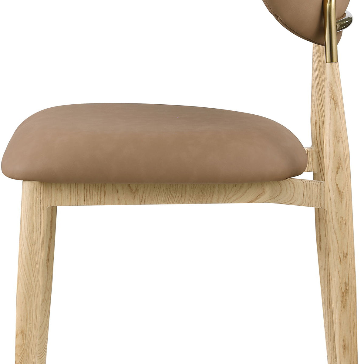 Vegan leather dining side chair with tan cushioned seat and light wood legs