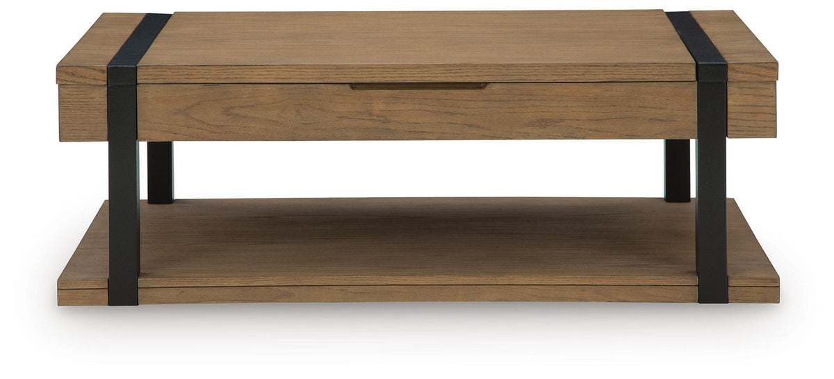 Light brown wood side table with black corner accents and front lower shelf.
