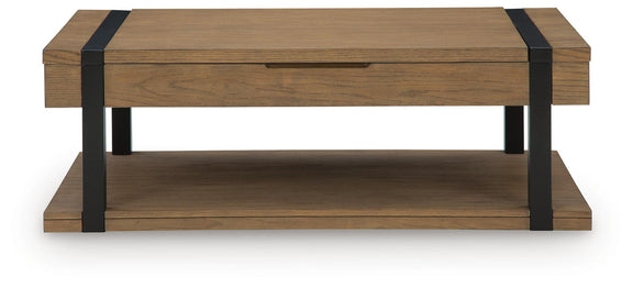 Light brown wood side table with black corner accents and front lower shelf.