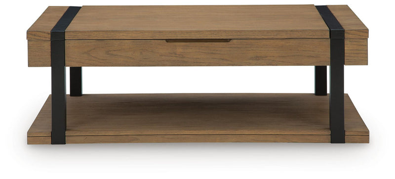 Light brown wood side table with black corner accents and front lower shelf.