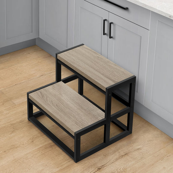 Two-step step stool with taupe wood platforms and black ladder-style frame