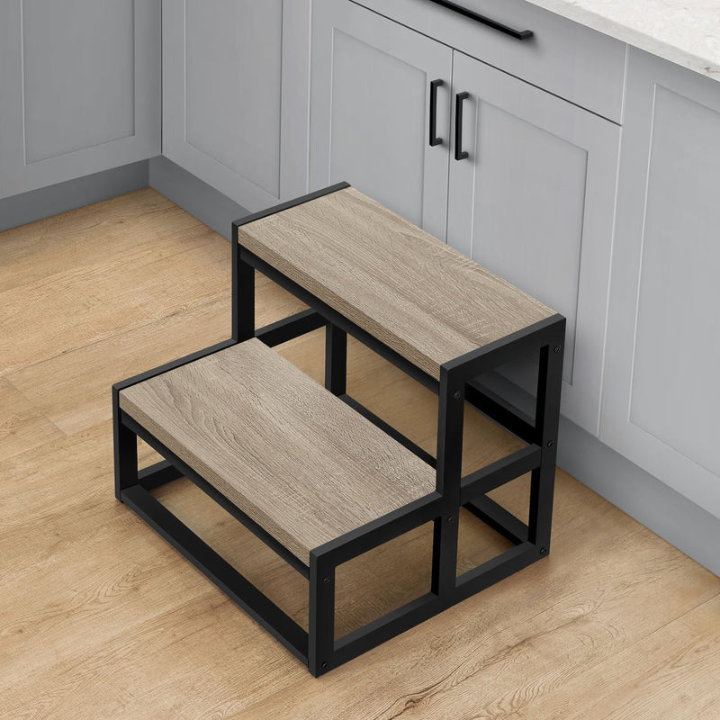 Two-step step stool with taupe wood platforms and black ladder-style frame
