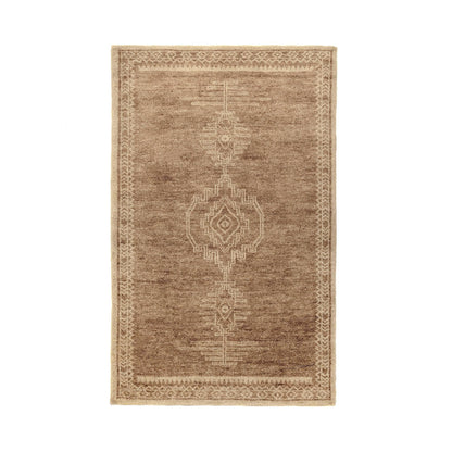 Desert brown hand-knotted area rug with central medallion and geometric border.