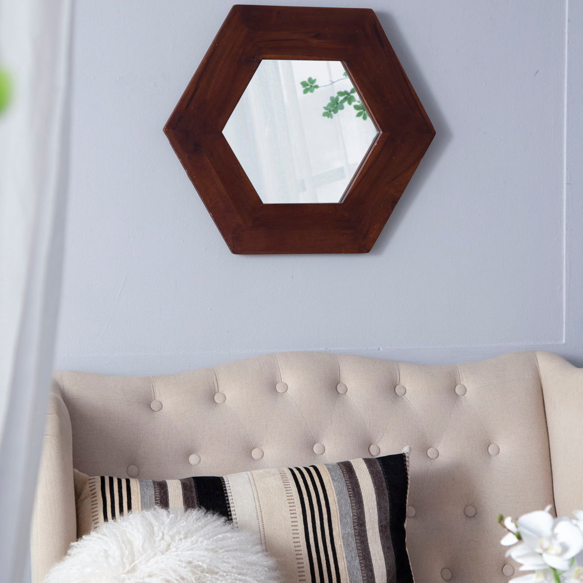 Hexagon Mirror With Natural Wood Frame, Wall Decor For Living Room Bathroom Hallway
